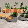Outdoor Landscape Seating With Concrete And Orange Modular Planters And Green Plants On Paved Ground