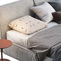 Gray Fabric Double Bed With Soft Pillows And Wooden Nightstand Design