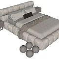 Modern Upholstered Double Bed in Light Gray with Nightstands Dark Pillow Blanket Round Decor Items