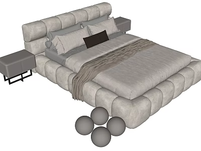 Modern Upholstered Double Bed in Light Gray with Nightstands Dark Pillow Blanket Round Decor Items 3d model