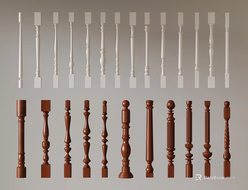 Various Decorative Balusters In White And Brown Design Styles For Railings 3d model 