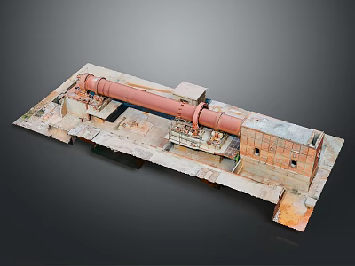 Industrial Equipment Model Featuring Red Cylindrical Drum Metal Platform And Brick Structure 3d model