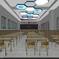 School Classroom Interior With Neat Desks Chairs Blackboard Educational Posters And Bright Lighting