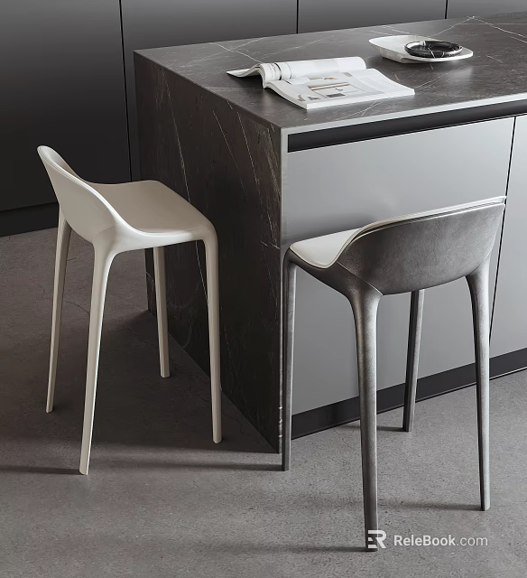 Sleek Bar Stools Next To Kitchen Island In Modern Kitchen 3d model