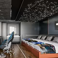 Gaming Themed Hotel Room With Game Mural Large Screens Gaming Chairs Starry Ceiling