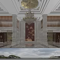 Luxurious Hotel Lobby Interior With Crystal Chandeliers Wooden Walls Fireplace And Elegant Sofas