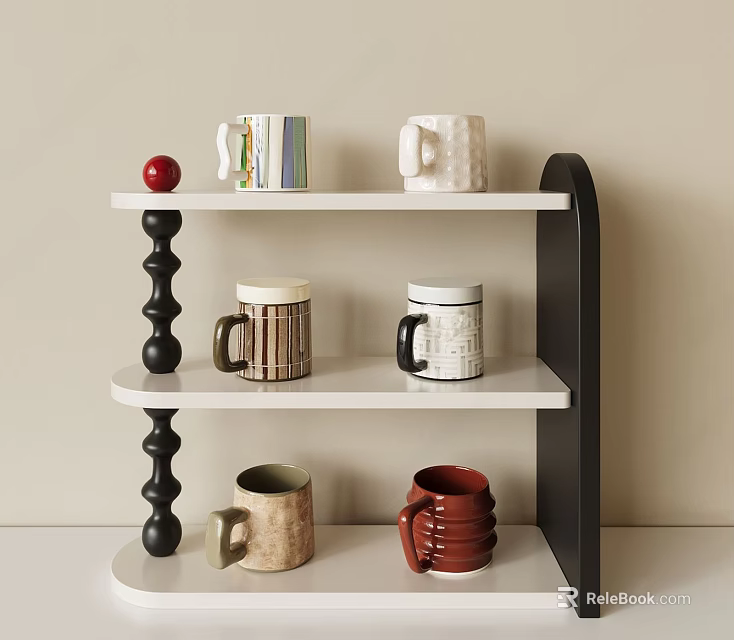Multi Tiered Decorative Storage Shelf With Colorful Mugs For Home 3d model 