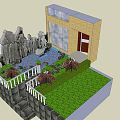Courtyard Garden With Natural Rock Formations Lush Greenery And Brick Wall