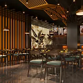 Modern Hotpot Restaurant Interior With Wooden Ceiling Plant Murals Warm Lighting And Food Display Screens