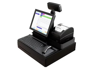 Modern POS Computer System With Touchscreen Monitor Barcode Scanner Keyboard And Printer 3d model