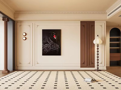 Elegant Interior Featuring Gypsum Cornice Decor On Wall With Painting And Floor Lamp 3d model