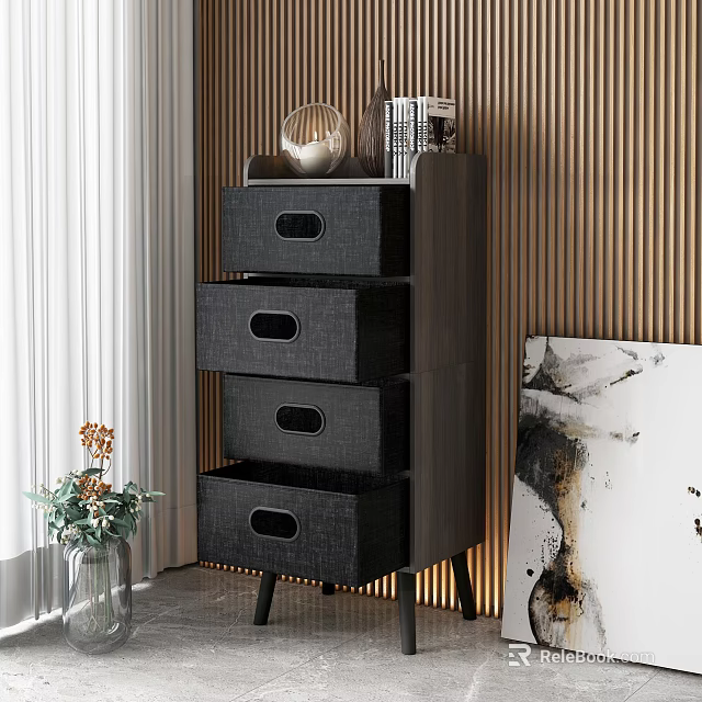 Black Chest of Drawers With Multiple Drawers Decorative Items Wooden Wall And Abstract Painting 3d model 