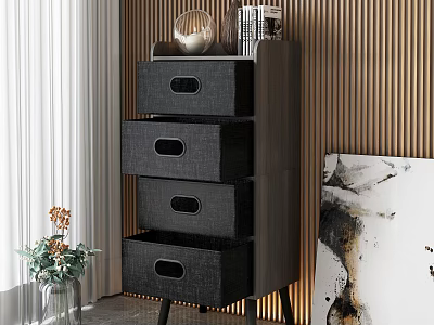 Black Chest of Drawers With Multiple Drawers Decorative Items Wooden Wall And Abstract Painting 3d model
