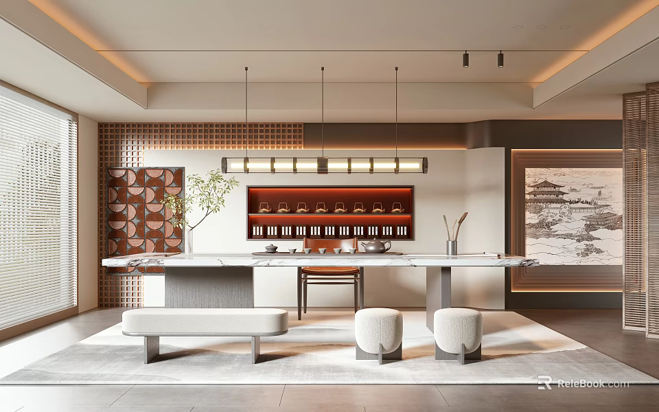 Traditional Tea Room Interior Design With Wooden Furniture And Tea Sets 3d model 
