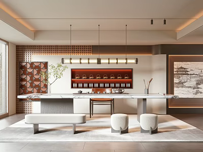 Traditional Tea Room Interior Design With Wooden Furniture And Tea Sets 3d model
