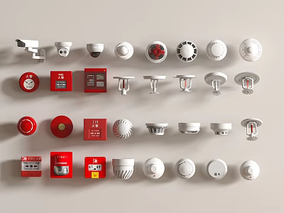 Assorted Fire Safety Devices Including Smoke Detectors Red Alarm Buttons And White Fire Alarms 3d model