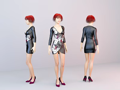 Woman With Red Hair In Black Floral Dress And Red High Heels Shown Three Angles 3d model