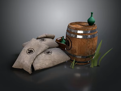 Vintage Household Supplies With Wooden Barrel Burlap Bags Green Bottle And Grass 3d model