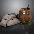 Vintage Household Supplies With Wooden Barrel Burlap Bags Green Bottle And Grass
