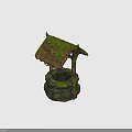 Rustic Ancient Well Structure With Thatched Roof Moss Covered Stones And Wooden Pulley