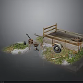 Outdoor Wooden Trailer Scene With Grill Grass Stones And Wheel
