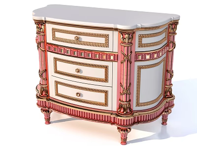 Ornate Entryway Cabinet Sideboard With Three Drawers Gold Carvings And White Red Finish 3d model
