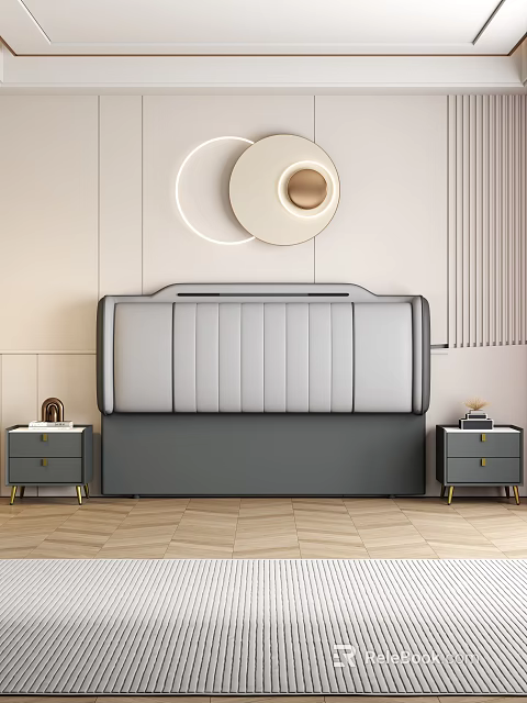 Modern Double Bed With Gray Stitched Leather Headboard And Golden Leg Nightstands 3d model 