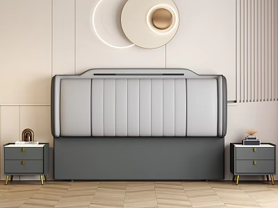 Modern Double Bed With Gray Stitched Leather Headboard And Golden Leg Nightstands 3d model