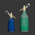 Blue And Green Spray Bottles With Metal Nozzles As Kitchen Equipment