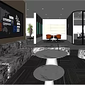 Modern Office Reception Desk with Marble Backdrop and Professional Receptionist Company Logo and Bright Interior