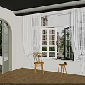 White Curtains By Window With Wooden Chairs And Green Plants Outside