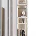 Modern White Wardrobe With Vertical Striped Double Doors And Adjacent Open Shelves With Decor