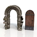 Ancient Stone Archway and Wooden Door Architectural Building Elements Design