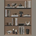Assorted Decorative Ornament Set With Books Sculptures And Dishes On Shelf