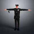 Police Man Wearing Uniform And Hat Standing With Arms Outstretched And Equipment On Gray Background