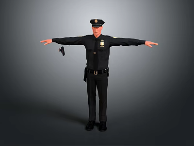 Police Man Wearing Uniform And Hat Standing With Arms Outstretched And Equipment On Gray Background 3d model