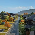 Garden Landscape With Stone Path Green Plants Yellow Leaf Trees Chinese Houses Mountains And Clear Sky
