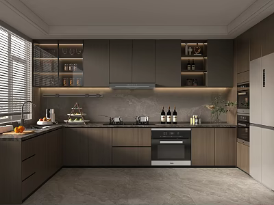 Modern Kitchen Interior Design With Dark Wood Cabinets Marble Countertop And Appliances 3d model