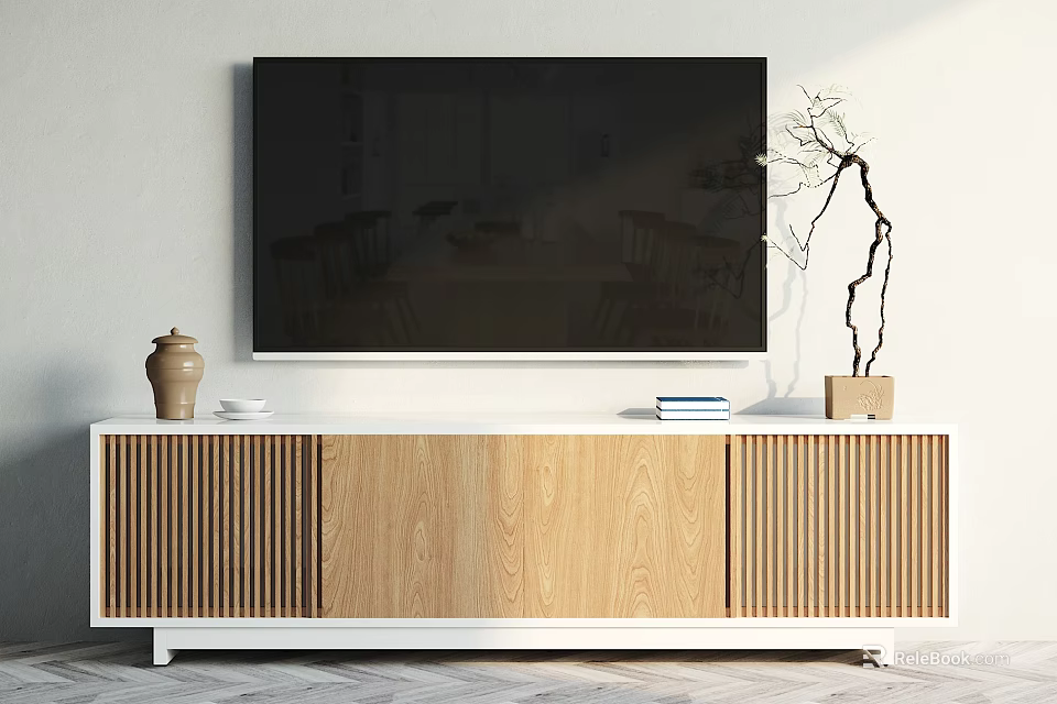 Wooden TV Stand With Slatted Cabinet Doors Ceramic Jar Books And Branch Decor 3d model 