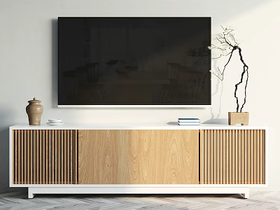 Wooden TV Stand With Slatted Cabinet Doors Ceramic Jar Books And Branch Decor 3d model