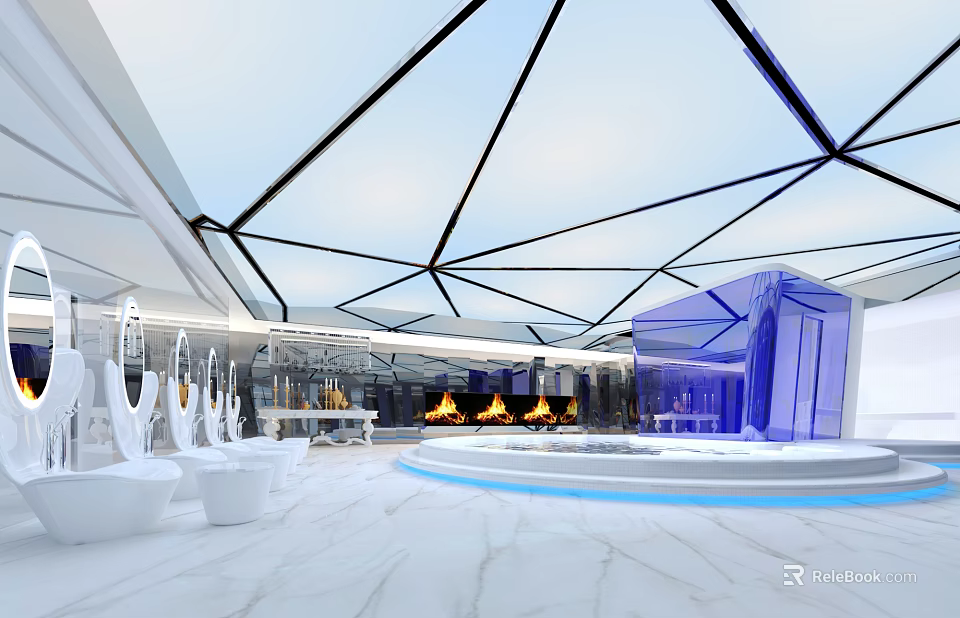 Modern SPA Sauna Interior Design With Glass Ceiling Fireplace And White Seating 3d model 