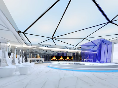 Modern SPA Sauna Interior Design With Glass Ceiling Fireplace And White Seating 3d model
