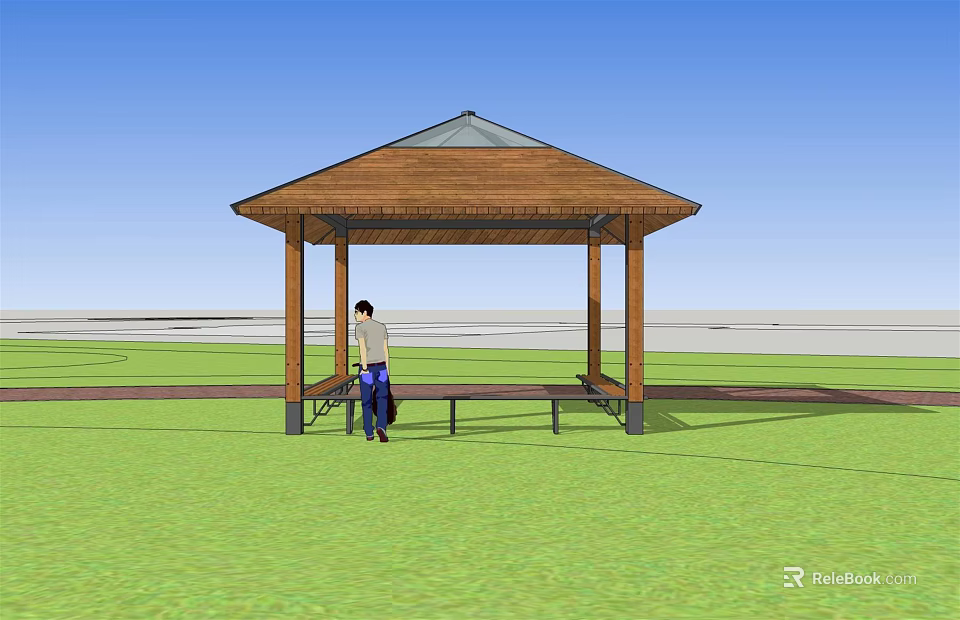 Scenic Park Landscape with Wooden Pavilion Benches and Green Lawn Under Blue Sky 3d model 