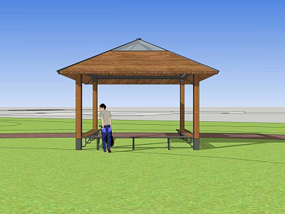 Scenic Park Landscape with Wooden Pavilion Benches and Green Lawn Under Blue Sky 3d model