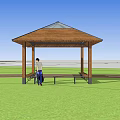 Scenic Park Landscape with Wooden Pavilion Benches and Green Lawn Under Blue Sky