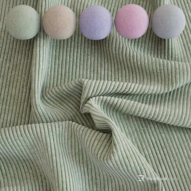 Soft Light Green Corduroy Fabric Featuring Colorful Decorative Balls And Ribbed Texture 3d model 