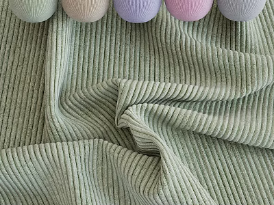 Soft Light Green Corduroy Fabric Featuring Colorful Decorative Balls And Ribbed Texture 3d model