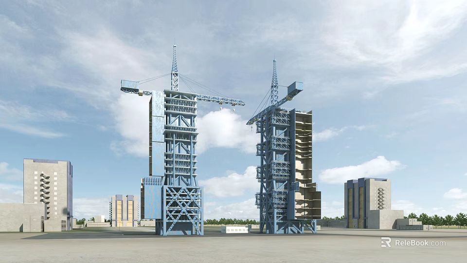 Industrial Factory Building Under Construction With Tower Cranes And Blue Steel Structure 3d model 