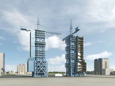 Industrial Factory Building Under Construction With Tower Cranes And Blue Steel Structure 3d model
