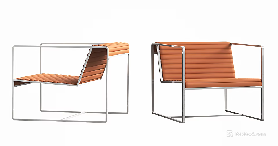 Modern Orange Leisure Chair With Metal Frame And Striped Padded Seat Armrests 3d model 